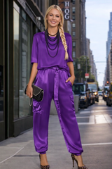 Conjunto Billion top y pantalón elástico satinado, 4 colores tallas (36-48)