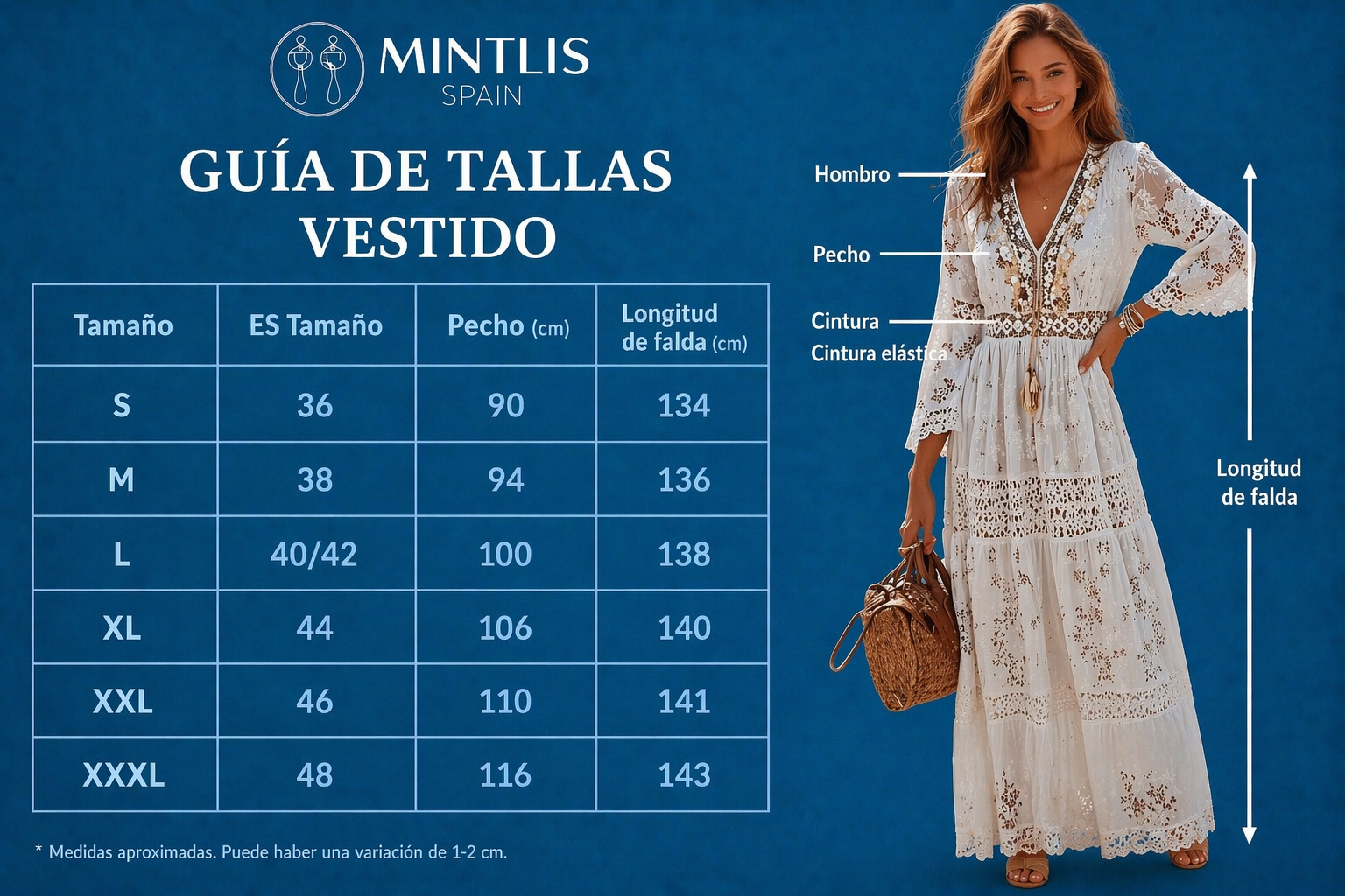 Mintlis mujer, bordado encaje, vestido ibicenco, 2 colores,tallas (36-42) video
