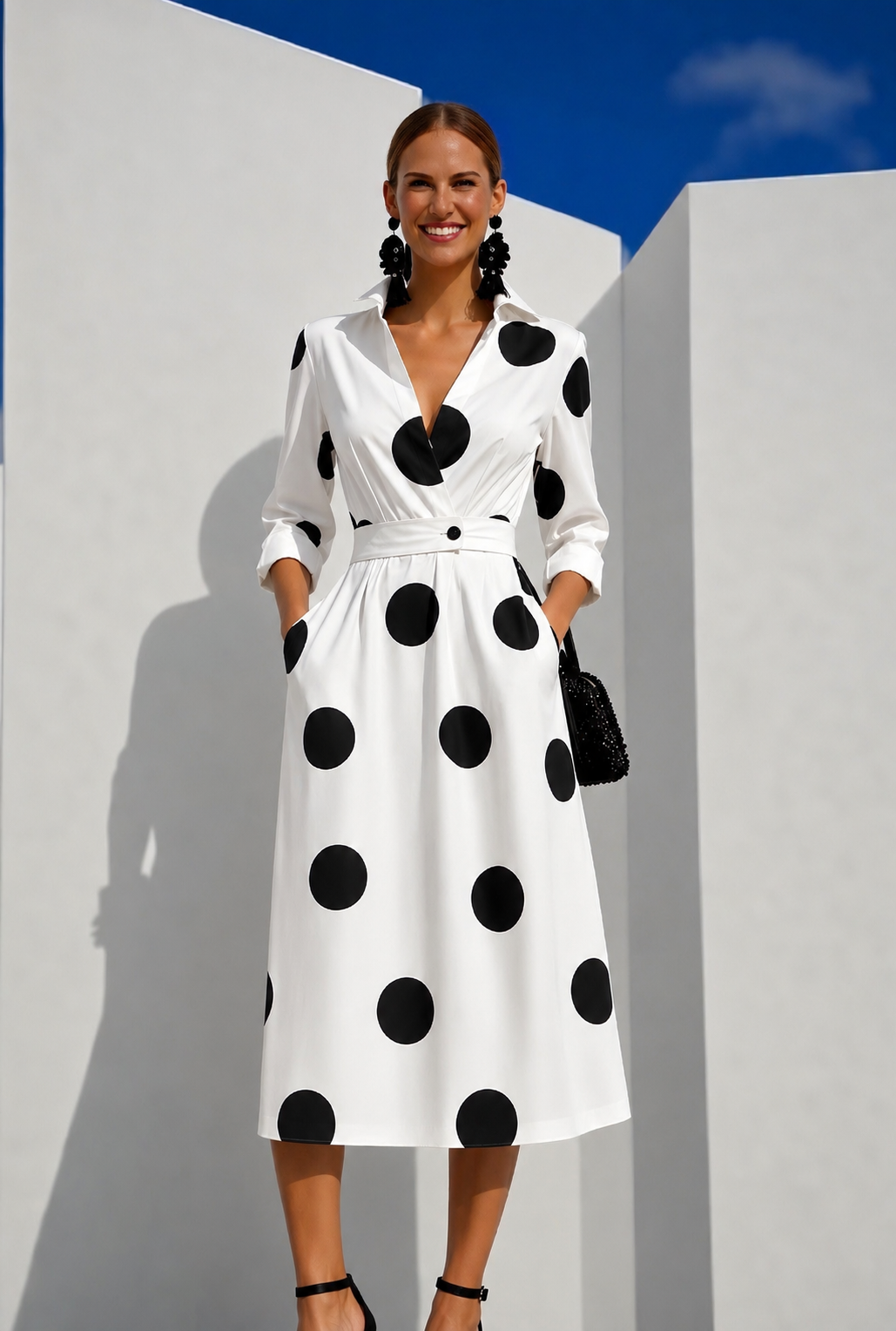 Lantern dress with polka dots, elasticated back waist, 2 prints, sizes (36-52)