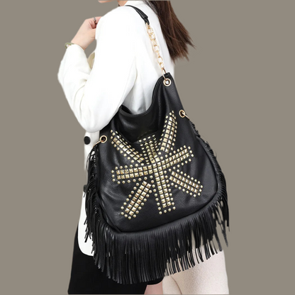 Mintlis women's leather handbag Holland studs fringes