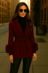 Fiorella 100% wool blazer with faux fur trim and belt, 7 colors, sizes (36-48)