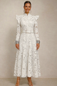 Grace dress embroidered with lace and lined, belt included, sizes (36-48) (video)