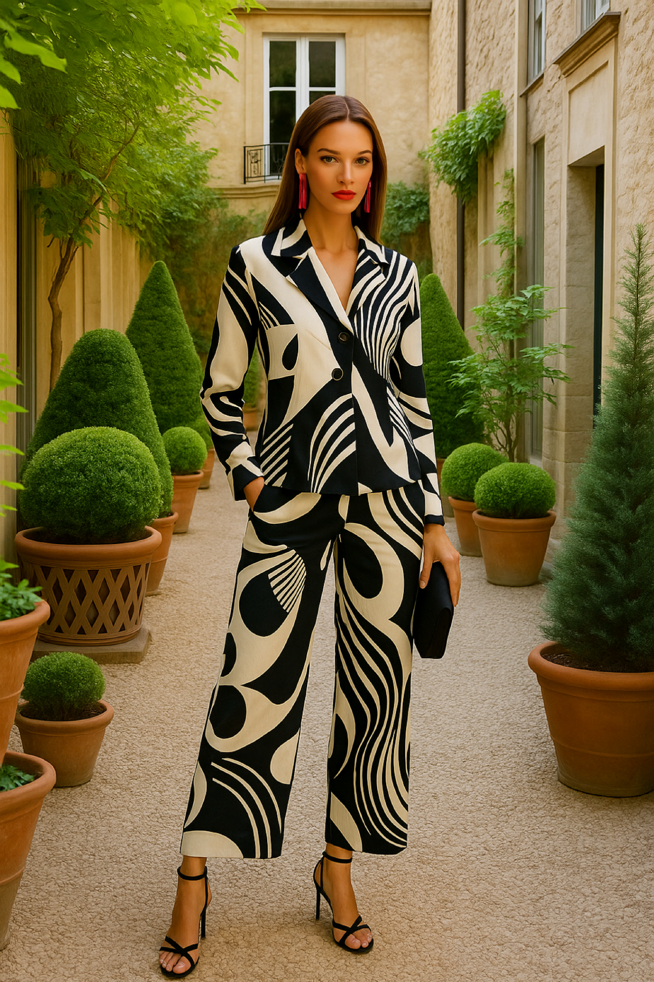 Amal set, satin top, blouse and pants, elastic back waist, sizes (36-50) made in Italy