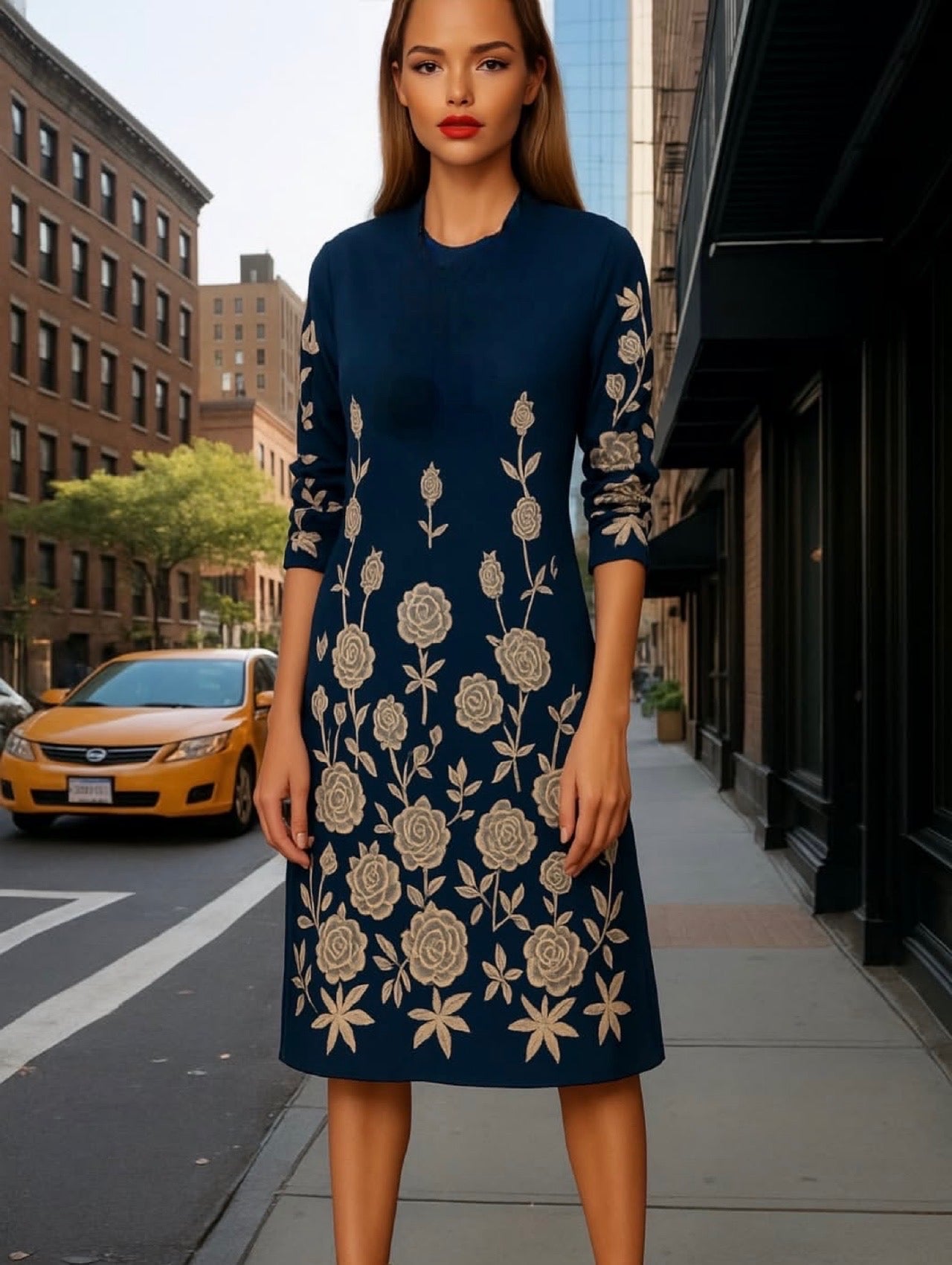 Vestido Barbara punto algodón licra, por debajo de la rodilla, 4 colores, tallas (36–50)