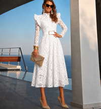 Embroidered brocade Kate dress, long lace belt included, 2 colors, sizes (36-48) (video)