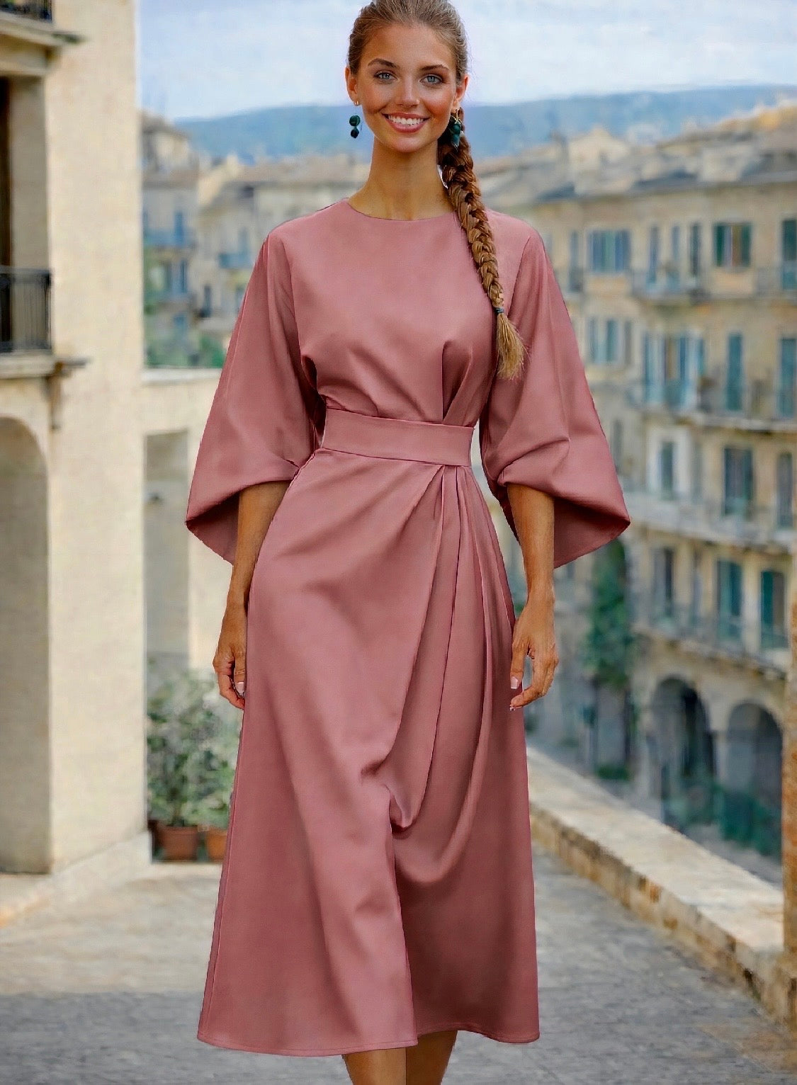 Vestido Grace de punto de algodón fajín, 3 colores, tallas (36-50) (vídeo)