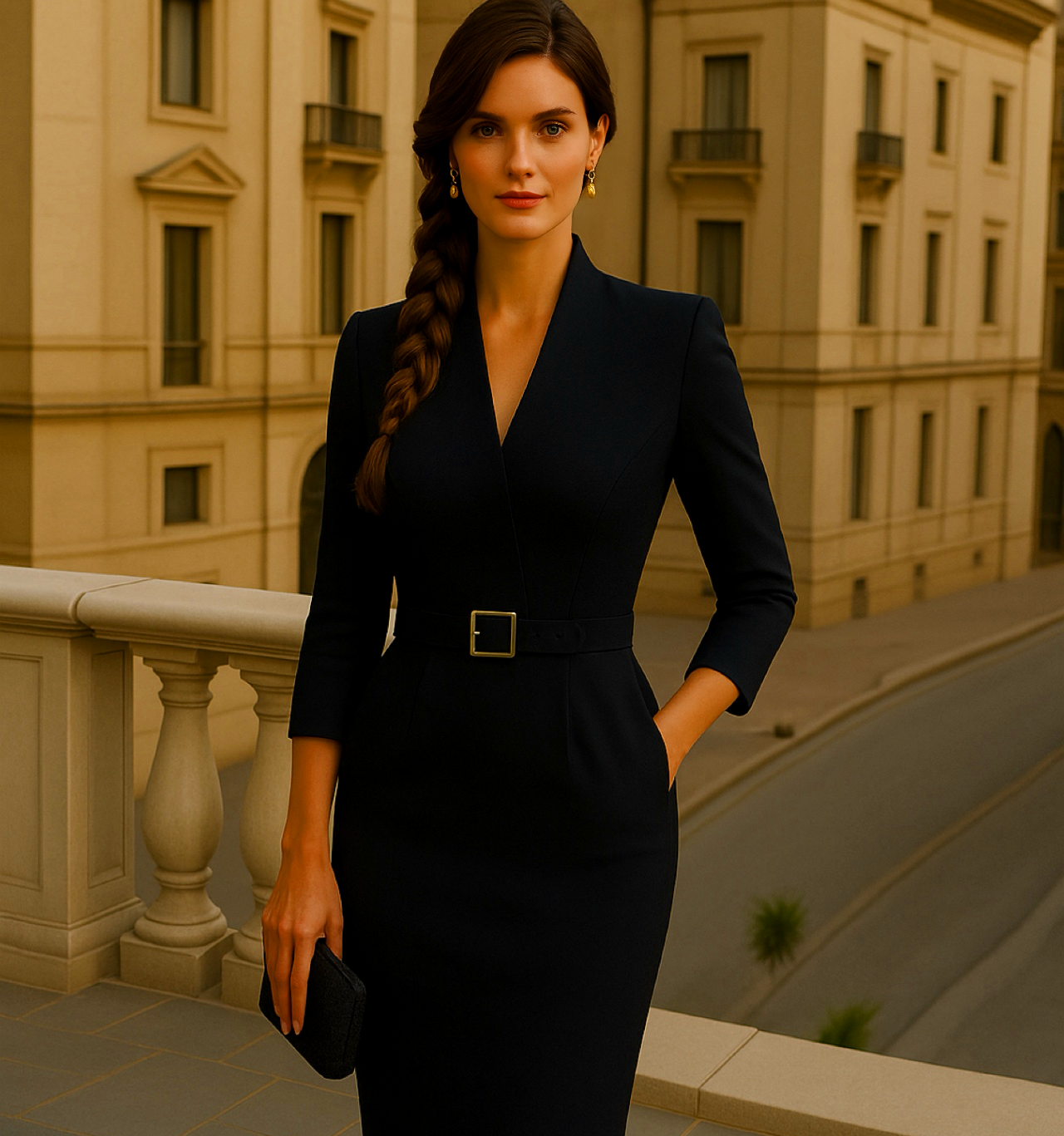 Vestido Adriana recto cuello mao con cinturón incluido y bolsillos, 6 colores , tallas (36-48)