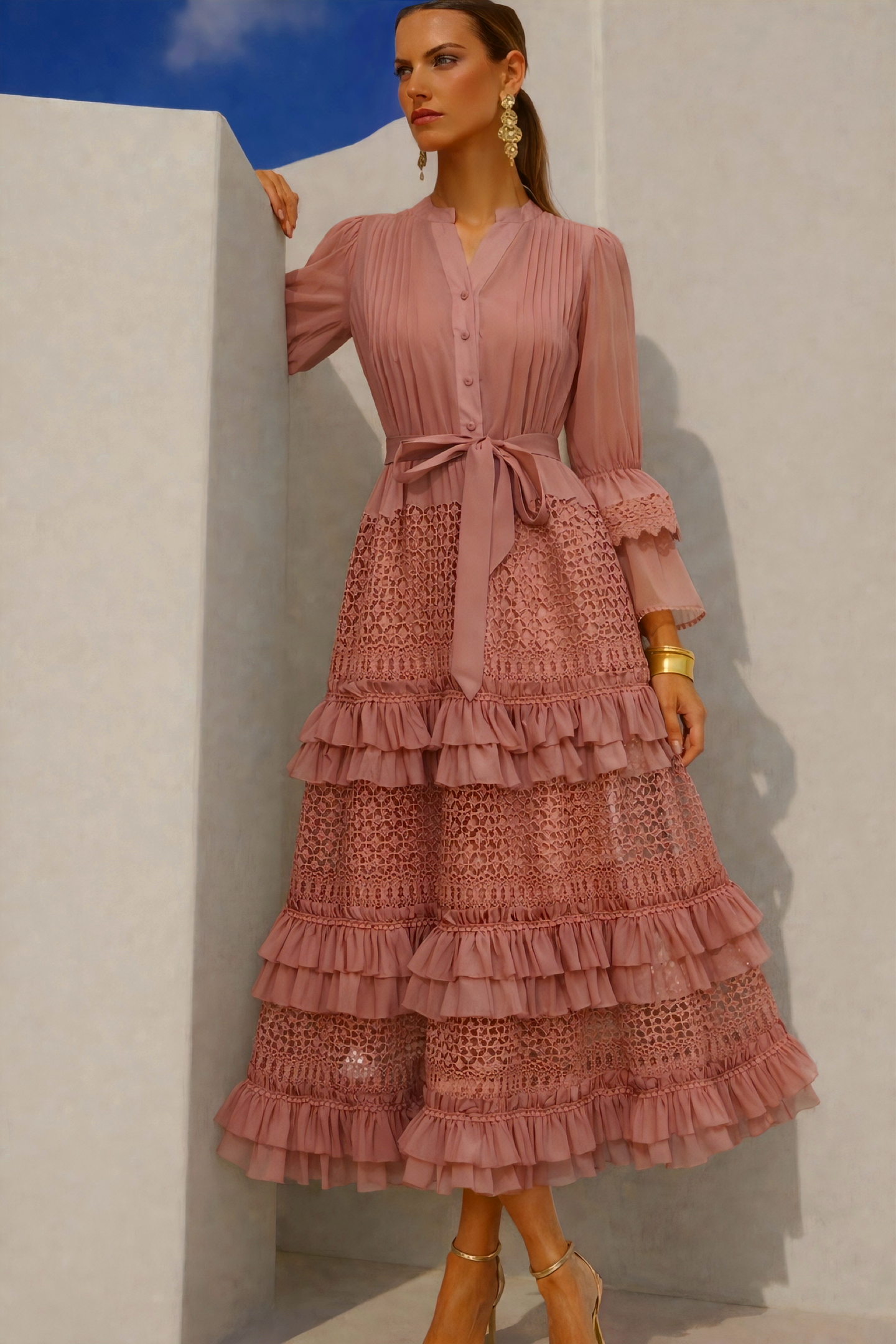 Karen dress in cotton chiffon with ruffles, 4 colors, sizes (36-48) (video)