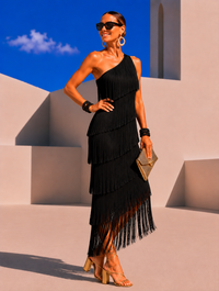 Vestido MYKONOS asimetríco flecos, 3 colores, tallas (36-46) vídeo