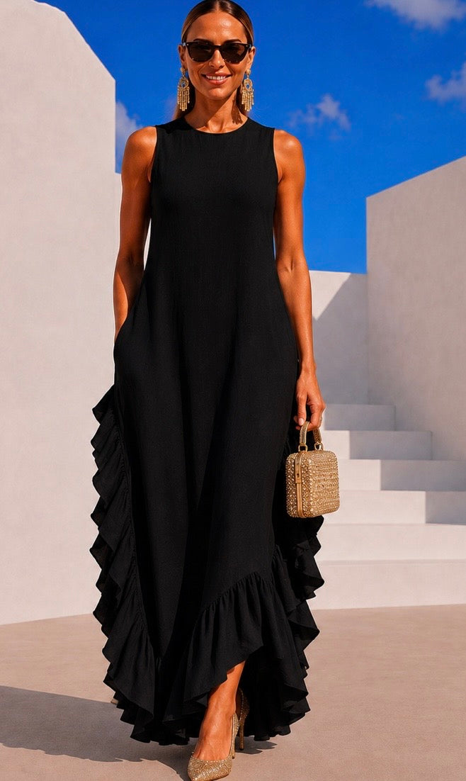 Vestido Puerto Rico volantes lino algodón volantes con bolsillos,5 colores (34-50) video