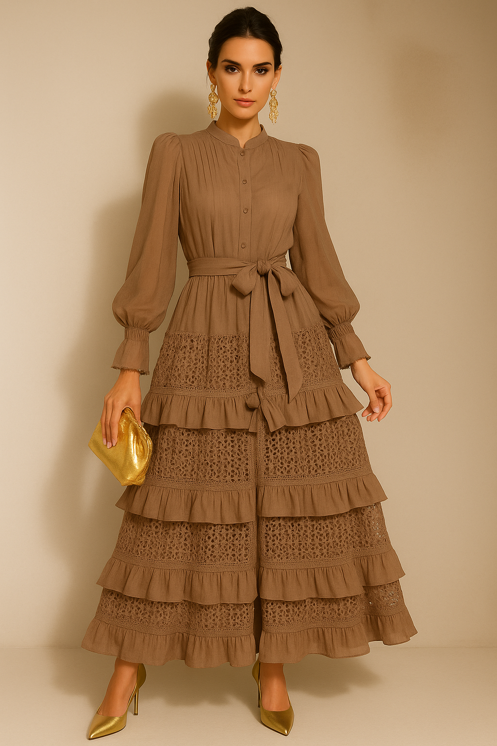Vestido Karen de gasa de algodón con encaje y volantes, 4 colores, tallas (36-48)
