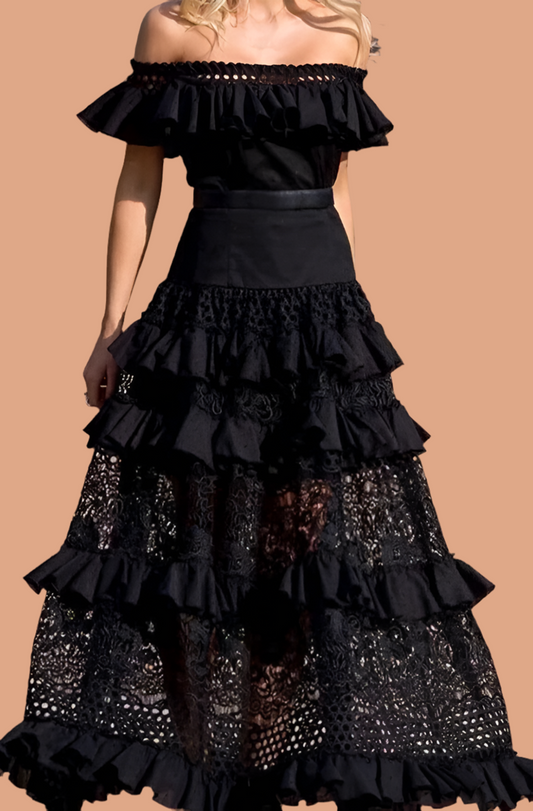 Alison dress with ruffles embroidered in cotton lycra and lace, 6 sizes