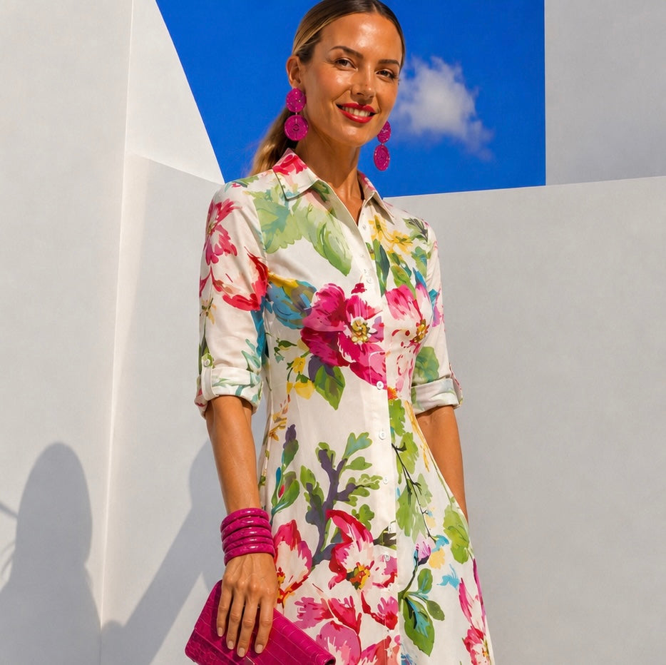 Vestido Rosalía Midi algodón camisero estampado, tallas (36-50) vídeo