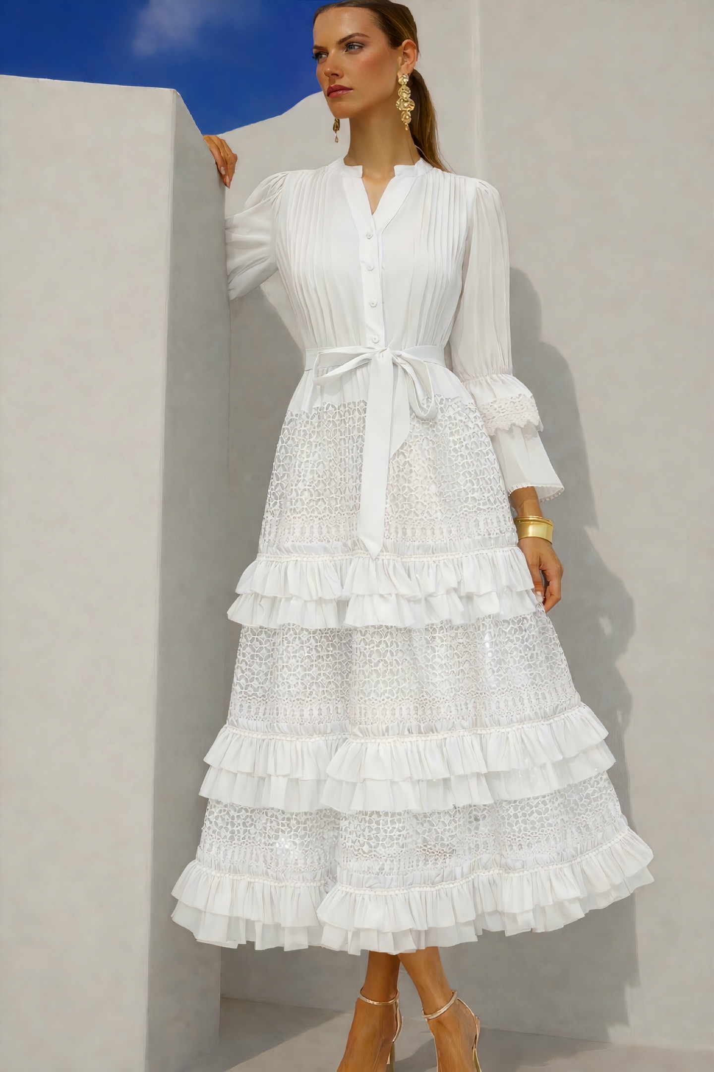 Karen dress in cotton chiffon with ruffles, 4 colors, sizes (36-48) (video)