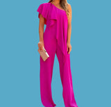 Domani asymmetric jumpsuit with ruffled neckline in cotton, polyester, lycra, 4 colours, 5 sizes from 36-44