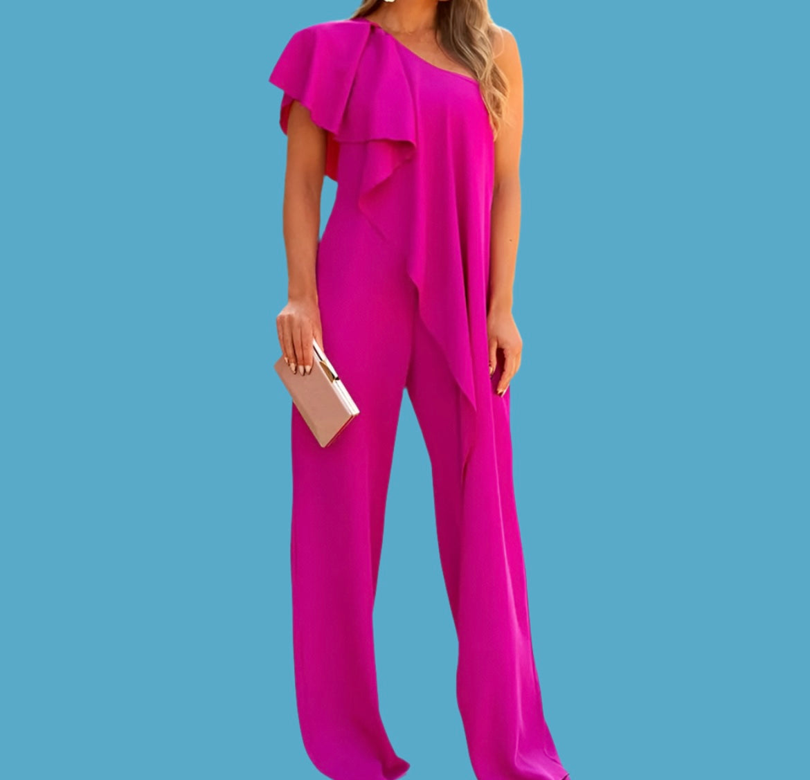 Domani asymmetric jumpsuit with ruffled neckline in cotton, polyester, lycra, 4 colours, 5 sizes from 36-44