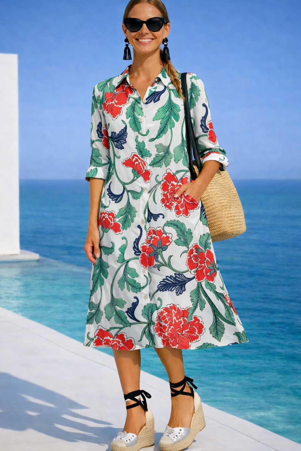 Vestido Sicilia camisero algodón licra eslastane, alta calidad, 3 estampados, tallas (36-50)