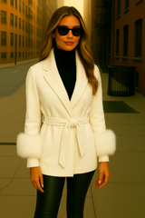 Fiorella 100% wool blazer with faux fur trim and belt, 7 colors, sizes (36-48)