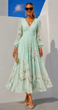 Suad printed dress with sleeves, front, back, fully pleated chiffon, sizes (34-48) video