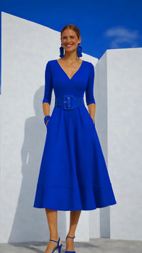 Lola stretch cotton elastane dress with belt, 4 colors, sizes (36-50)