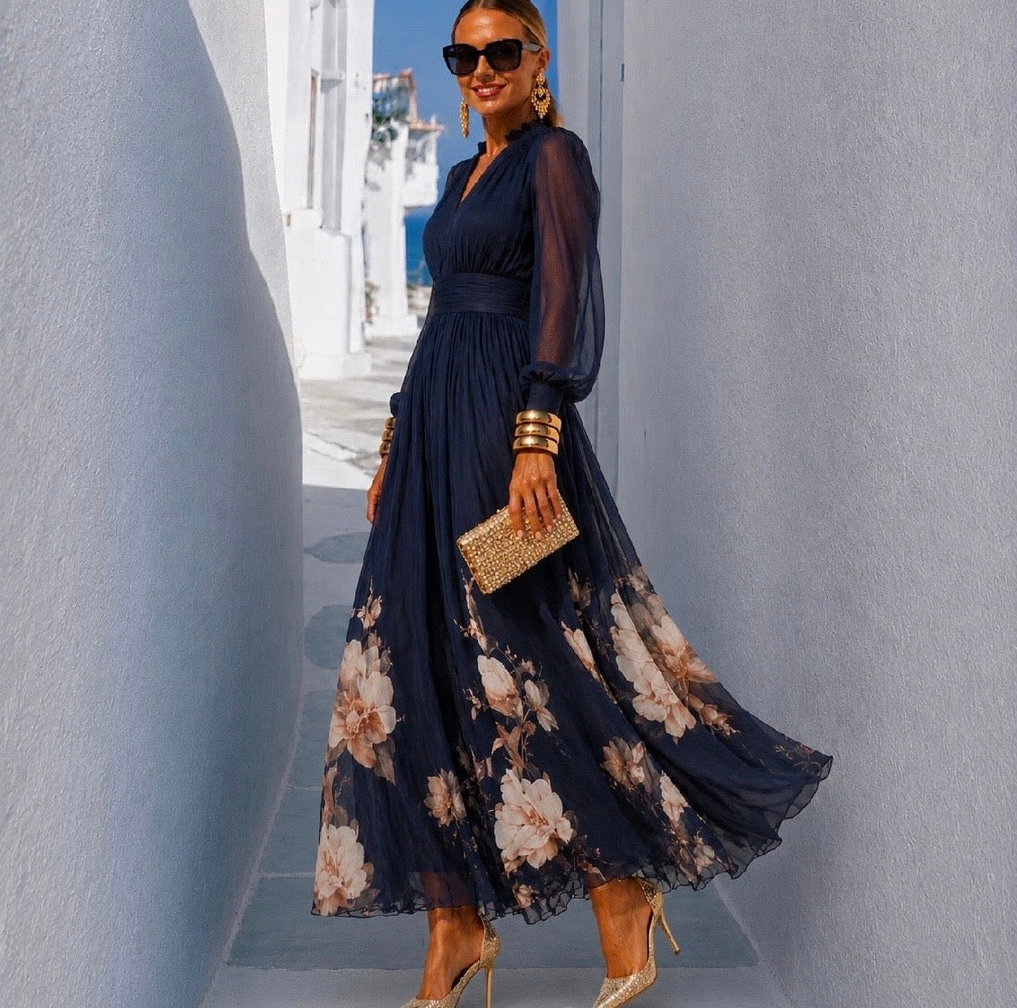 Nadia printed chiffon dress, elastic back waist, 4 prints, sizes (34-48) video