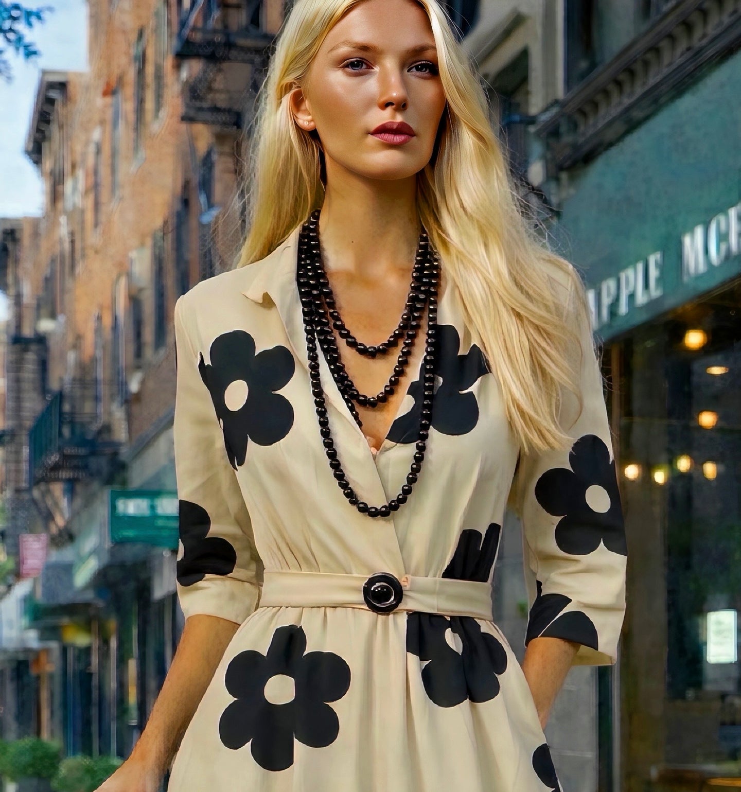 Vestido Margarita beige de algodón con cinturuea elástica, tallas (36-52)