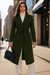 Lisbon coat, green, embroidered wool with topstitching, belt and pockets, bottle green color, sizes (36-48)