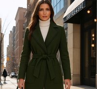 Lisbon coat, green, embroidered wool with topstitching, belt and pockets, bottle green color, sizes (36-48)