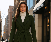 Lisbon coat, green, embroidered wool with topstitching, belt and pockets, bottle green color, sizes (36-48)