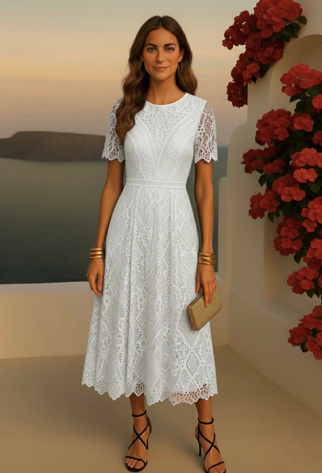 Vestido Gaby Midi bordado y encaje de algodón, 2 colores, tallas (36-46) (vídeo)