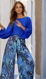 Caribe 2-in-1 set: satin honeycomb cuff shirt and elasticated back trousers, 3 prints, sizes (36-50)