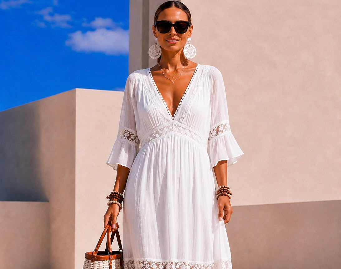 Catalina cotton lace dress with elastic waist, sizes (34-48)