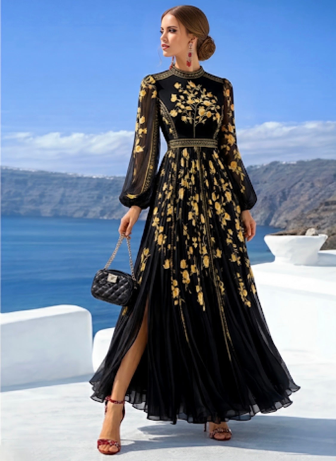 Empire dress in pleated chiffon, 3 prints, sizes (36-50) (video)