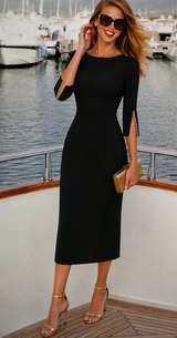 Vestido Ginebra negro perlas, punto de algodón licra, tallas (36-46)