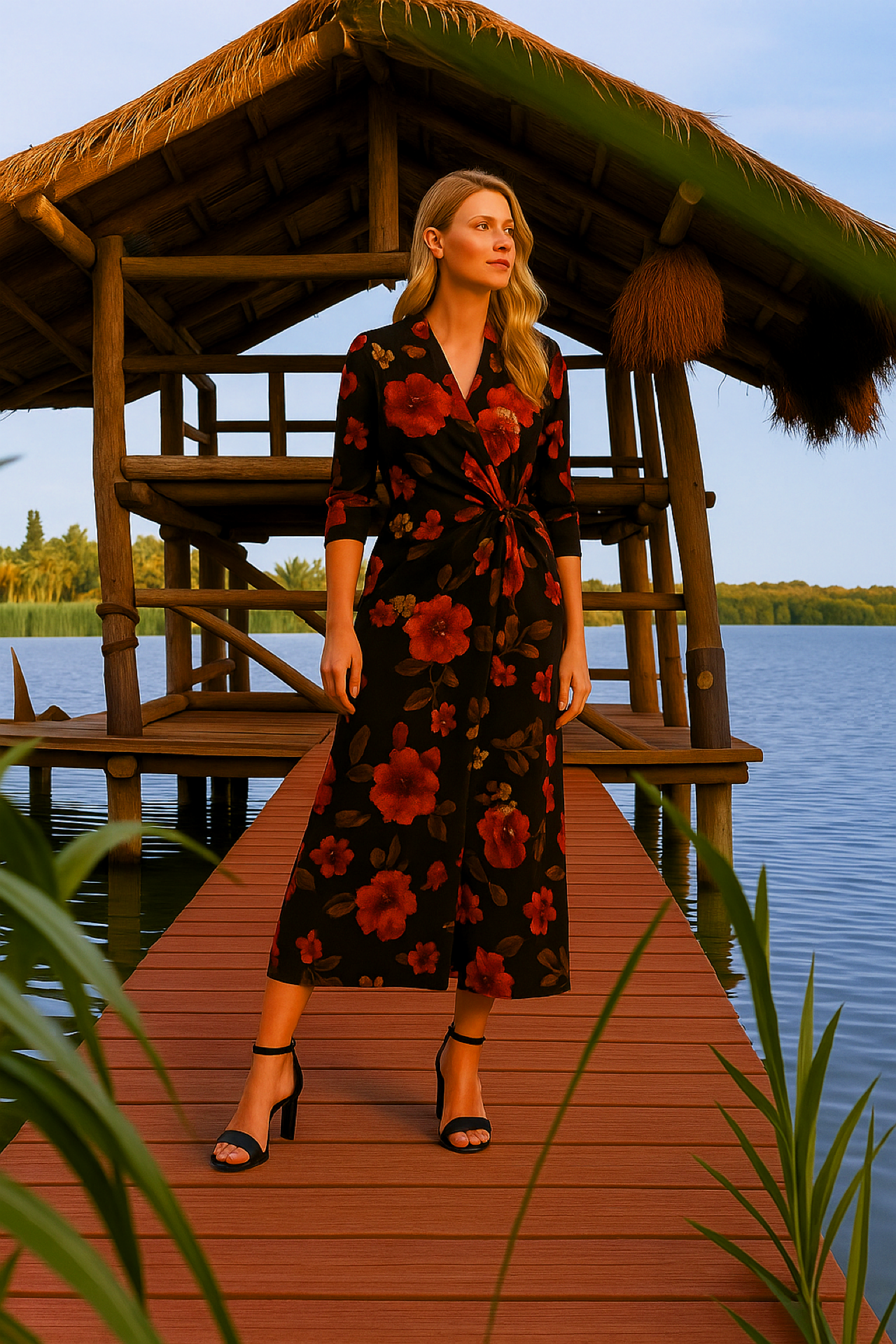 Women Floral Print Pleated Dress V-neck Long Sleeve Ruffled A-line Wrapped Dress Spring Summer Vacation Beach Dresses Streetwear