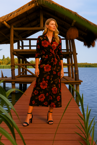 Women Floral Print Pleated Dress V-neck Long Sleeve Ruffled A-line Wrapped Dress Spring Summer Vacation Beach Dresses Streetwear