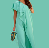 Domani asymmetric jumpsuit with ruffled neckline in cotton, polyester, lycra, 4 colours, 5 sizes from 36-44