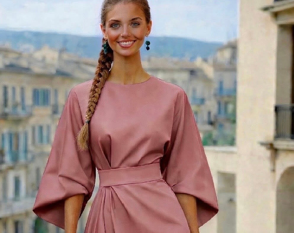 Vestido Grace de punto de algodón fajín, 3 colores, tallas (36-50) (vídeo)