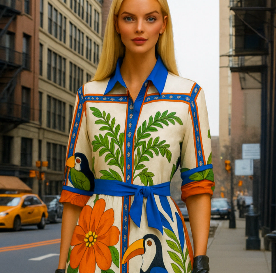 Hillary shirt dress. Cotton braid, sizes 36-50.