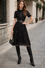 Vestido Gulia bordado y encaje con cinturón incluido, tallas (36-46)