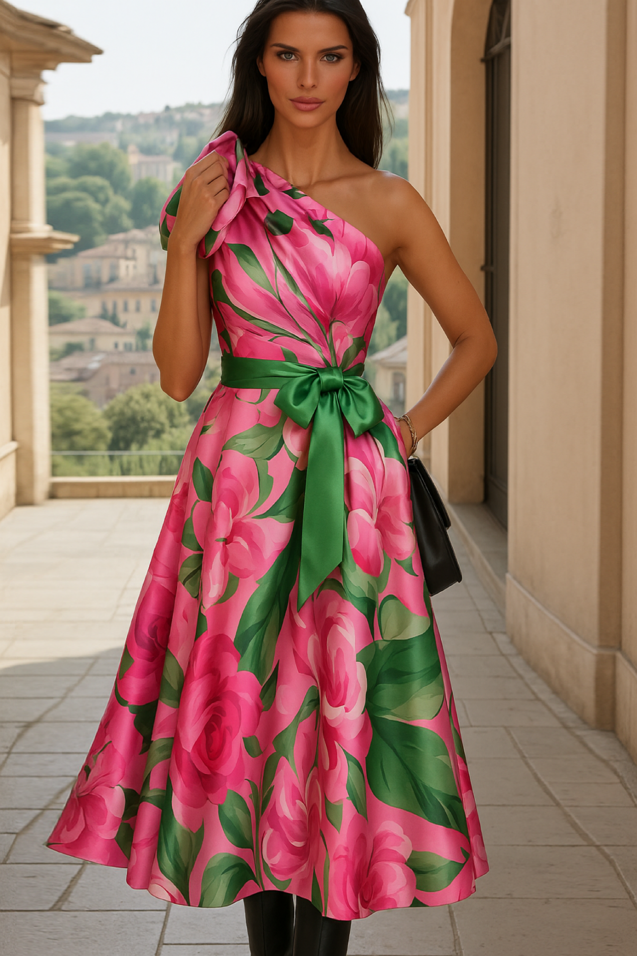 Vestido Sevilla asimétrico satinado fajín incluido, tallas (36-48) made in Italy