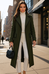 Lisbon coat, green, embroidered wool with topstitching, belt and pockets, bottle green color, sizes (36-48)