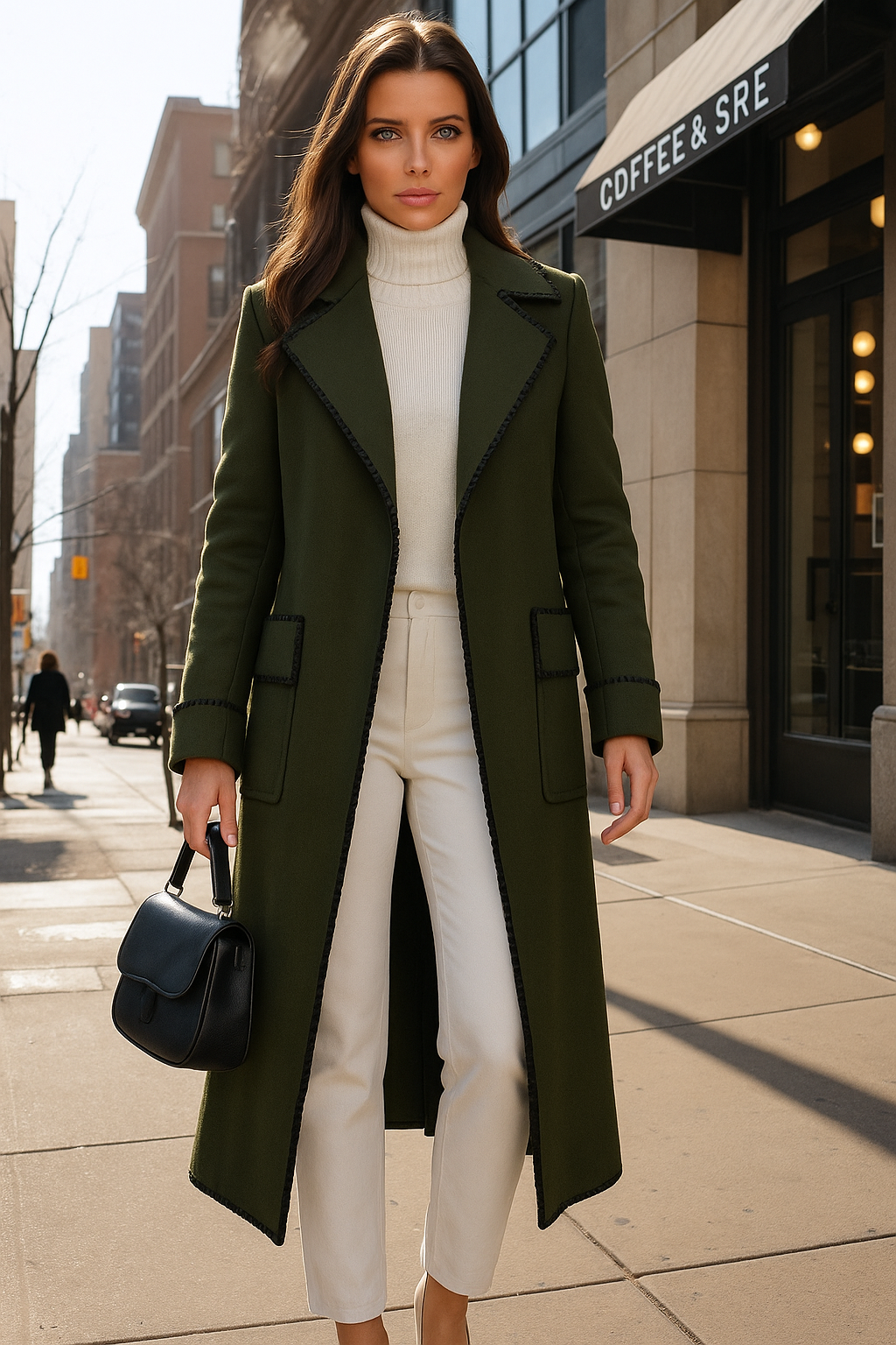 Lisbon coat, green, embroidered wool with topstitching, belt and pockets, bottle green color, sizes (36-48)