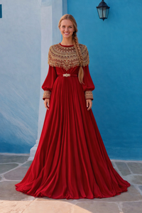 Vedtido Rania de gasa plisado satinado bordado, 6 colores, tallas (36-46)