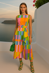 -40% OFF Printed cotton lycra Casino dress with sash, sizes (36-50)