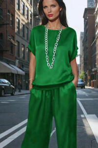 Estefan top y pantalón satinado elástico, 8 colores, talla (34-50)