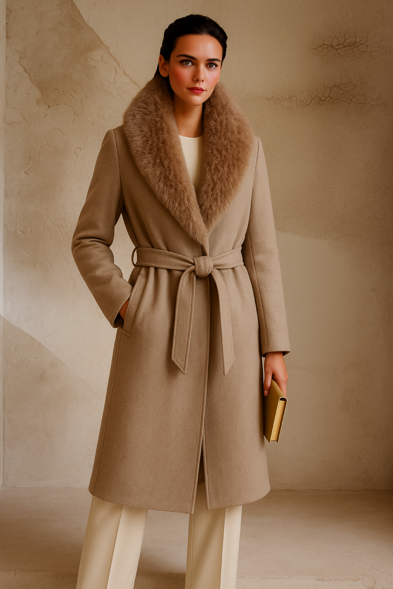 Monte Carlo wool coat with detachable synthetic wool fur, 100% wool, 2 colors, sizes (36-48)