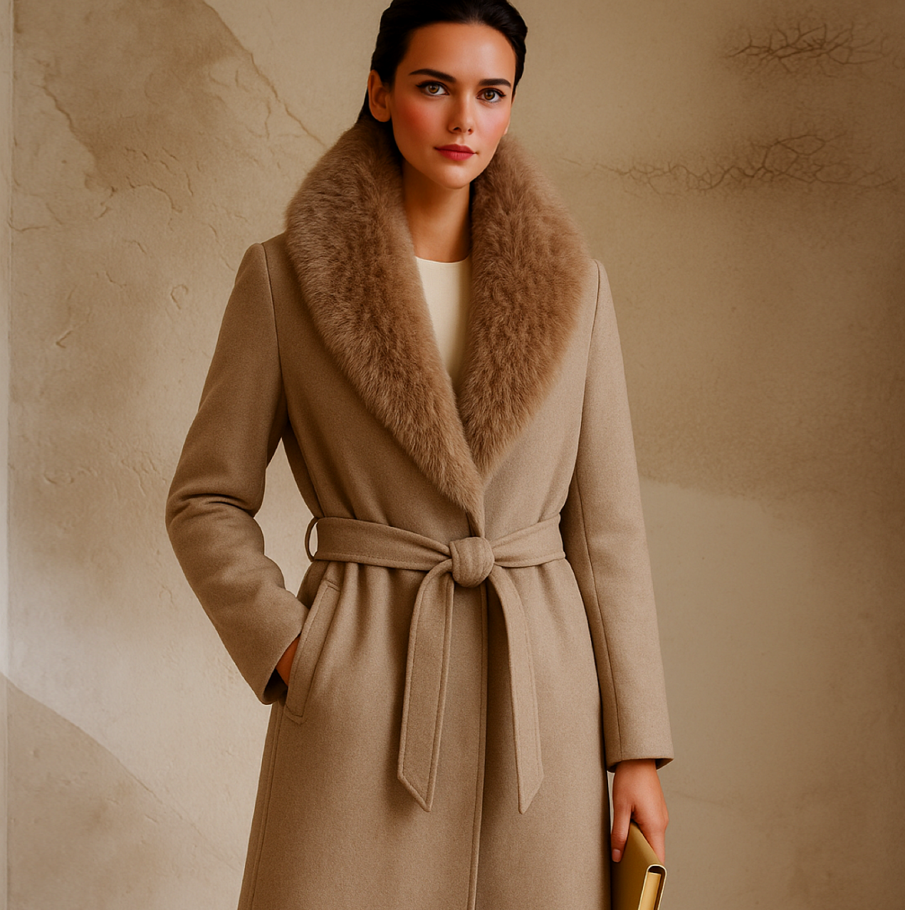 Monte Carlo wool coat with detachable synthetic wool fur, 100% wool, 2 colors, sizes (36-48)