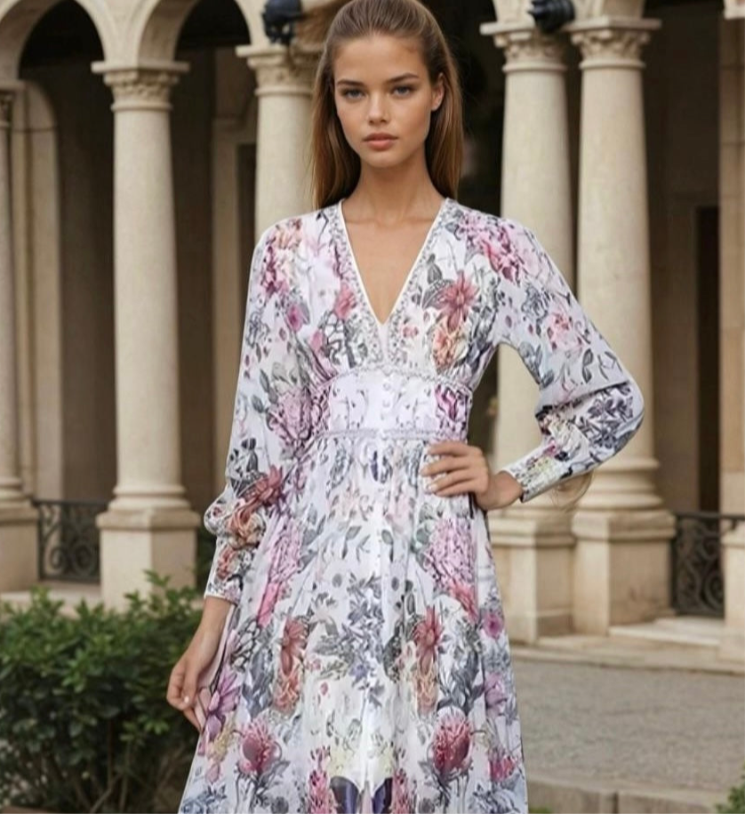 Amoriño chiffon embroidered dress with elasticated back waist, long, 5 sizes (36-44) high quality