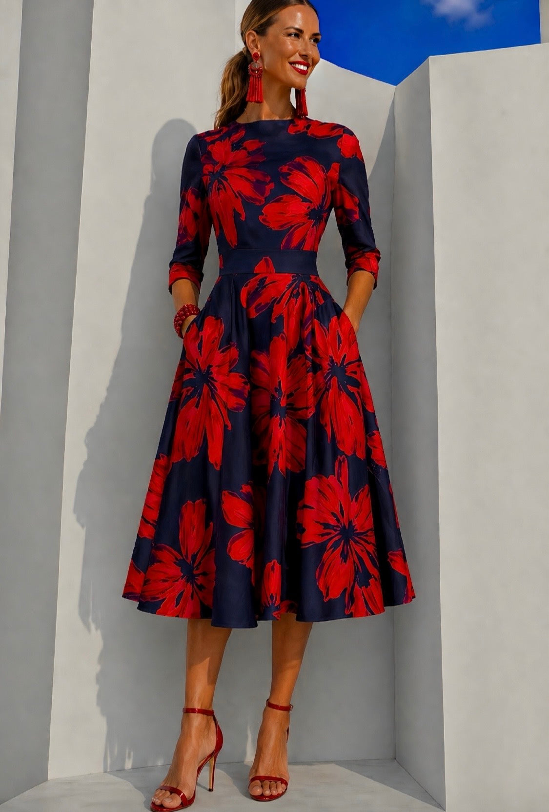 Vestido Anais rojo bolsillos algodón tallas (36-50) (vídeo)